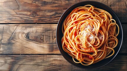 Wall Mural - Delicious spaghetti with amatriciana sauce served on rustic wooden table, savory italian pasta dish concept