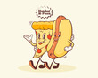 Groovy Pizza and Hotdog Retro Characters Drawing. Cartoon Food Slice and Wiener Sausage Walking and Smiling. Vector Fast Food Mascot Template. Happy Vintage Cool Illustration. Isolated