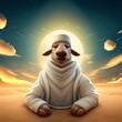 3d render of a happy sheep celebrating eid al adha feast, wearing clothes and hajj hat aitting in front of beautiful desert scenery 