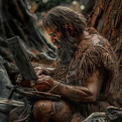 Ancient Stone Age Programmer, Prehistoric Programming, Neanderthal Man Working