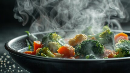 Poster - Steamy goodness: freshly boiled carrots, broccoli, and cauliflower in a black bowl - healthy meal concept on dark background
