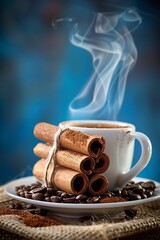 Wall Mural - Aromatic coffee cup with steaming cinnamon and roasted coffee beans for a fragrant experience