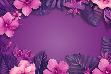 Wall Mural - Tropical plants frame background with violet blank space for text on violet background, top view. Flat lay style. ,copy Space flat design