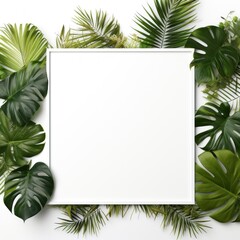 Wall Mural - Tropical plants frame background with white blank space for text on white background, top view. Flat lay style. ,copy Space flat design