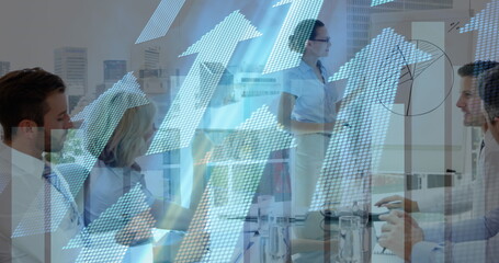 Poster - Image of financial data processing and arrows over diverse business people in office