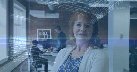 Poster - Image of binary codes, computer language, trading board over caucasian woman standing in office