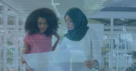Poster - Image of financial data processing over diverse business people discussing work at office