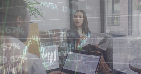 Poster - Image of financial data processing over diverse business people in office