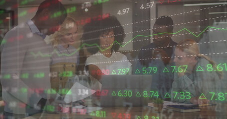Poster - Image of financial data processing over diverse business people in office