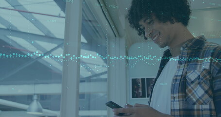 Poster - Image of statistics and data processing over businesswoman using smartphone