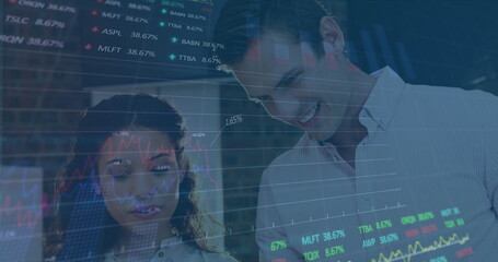 Poster - Image of graphs, trading board over diverse male manager explaining reports to female colleague