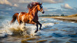 Chestnut horse galloping on shore, fragment of painting