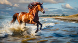 Fototapeta Dmuchawce - Chestnut horse galloping on shore, fragment of painting