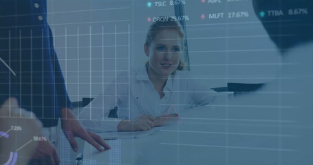 Poster - Image of graphs and trading board over multiracial coworkers sharing ideas in meeting at office