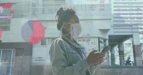 Poster - Image of financial data processing over biracial woman in face mask in street