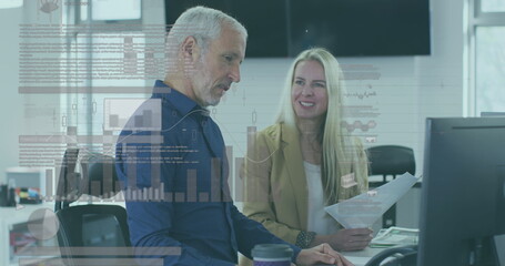 Poster - Image of financial data processing over cacuasian business people in office