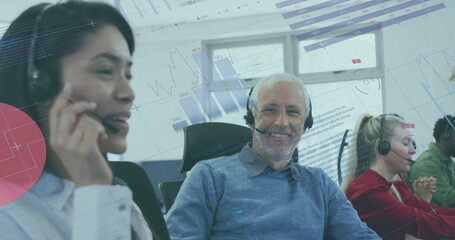Poster - Image of financial data processing over diverse business people in office