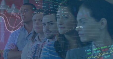 Poster - Image of financial data processing over diverse business people