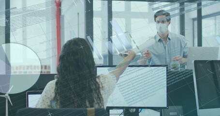 Canvas Print - Image of data processing over caucasian businessman in face mask in office