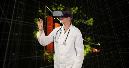 Poster - Image of data processing over caucasian female doctor using vr headset