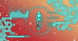 Image of data processing with human skeleton over bubbles on red background