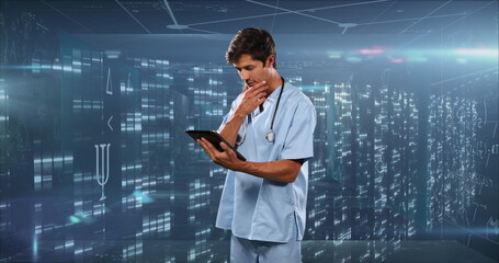 Poster - Image of mathematical equations over caucasian male doctor with tablet