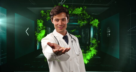 Poster - Image of mathematical equations and flames over caucasian male doctor