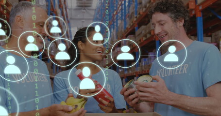 Sticker - Image of network of icons with binary coding over diverse volunteers in warehouse