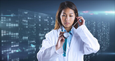 Poster - image of mathematical equations over asian female doctor