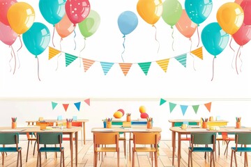 A classroom adorned with banners, balloons, and decorations in honor of Teacher Appreciation Day.