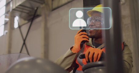 Poster - Image of network of icons over african american worker using walkie talkie