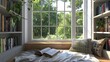 Building a cozy reading nook by the window, tranquil, literary escape, sunny