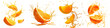 Set of oranges exploding and bursting into pieces with juice splatters in different directions, isolated on a white or transparent background. Fruit explosion, orange juice splashes, side view.