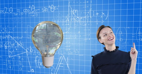 Poster - Image of lightbulb and caucasian businesswoman over mathematical data processing