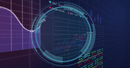 Poster - Image of loading circles, shield over graphs and trading boards against black background