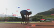 Image of notification bars over african american athlete performing stretching in race track