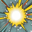 Silver background with a white blank space in the middle depicting a cartoon explosion with yellow rays and stars. The style is comic book vector