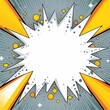 Silver background with a white blank space in the middle depicting a cartoon explosion with yellow rays and stars. The style is comic book vector