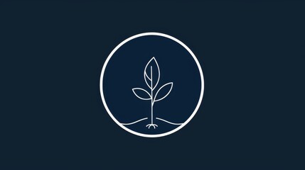 simple logo of plant growing  for environment protection  concept , minimalistic design, white outline on dark navy blue background