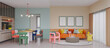 Panorama of colourful living room and dining area with sofa,armchair.3d rendering