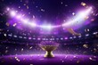 Violet background, lights and golden confetti on the violet background, football stadium with spotlights, banner for sports events, space in center of frame