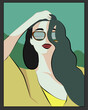 A stylized female figure with sunglasses is depicted raising her hand to her head, partially obscuring her wavy hair. She has prominent red lips and a thoughtful expression, set against a two-tone bac