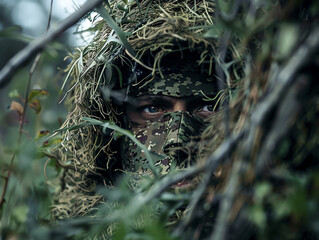 Wall Mural - A soldier hides in a bush with his face covered in paint. Ready to carry out the mission.