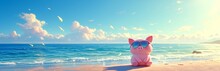 A Pink Piggy Bank Wearing Sunglasses Is Sitting On The Beach With Blue Sky And White Clouds In Background. 