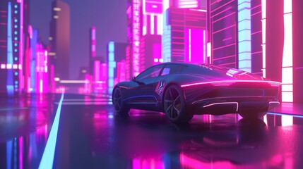 Wall Mural - Sleek autonomous electric vehicle navigates through a futuristic smart city under neon lights isolated on a gradient background