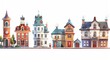 The retro colonial style building cartoon illustration shows old wooden government and residential buildings on a white background.