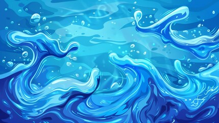 Wall Mural - Splash of water, flowing water stream, realistic modern illustration, background. Blue transparent liquid flow with air bubbles, clear texture, banner.