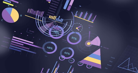 Poster - Image of graphs, changing numbers, loading circles and bars over black background