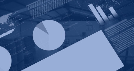 Poster - Image of statistical data processing against view of warehouse