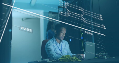 Poster - Image of data processing over african american male it technician working by computer servers